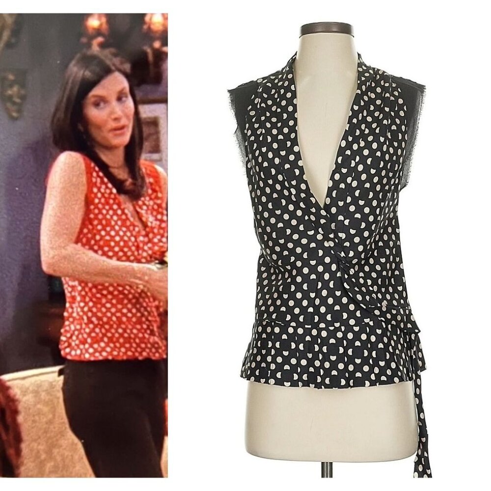 ASO MONICA GELLER COURTNEY COX Alt Color Silk Dot Top RARE EUC